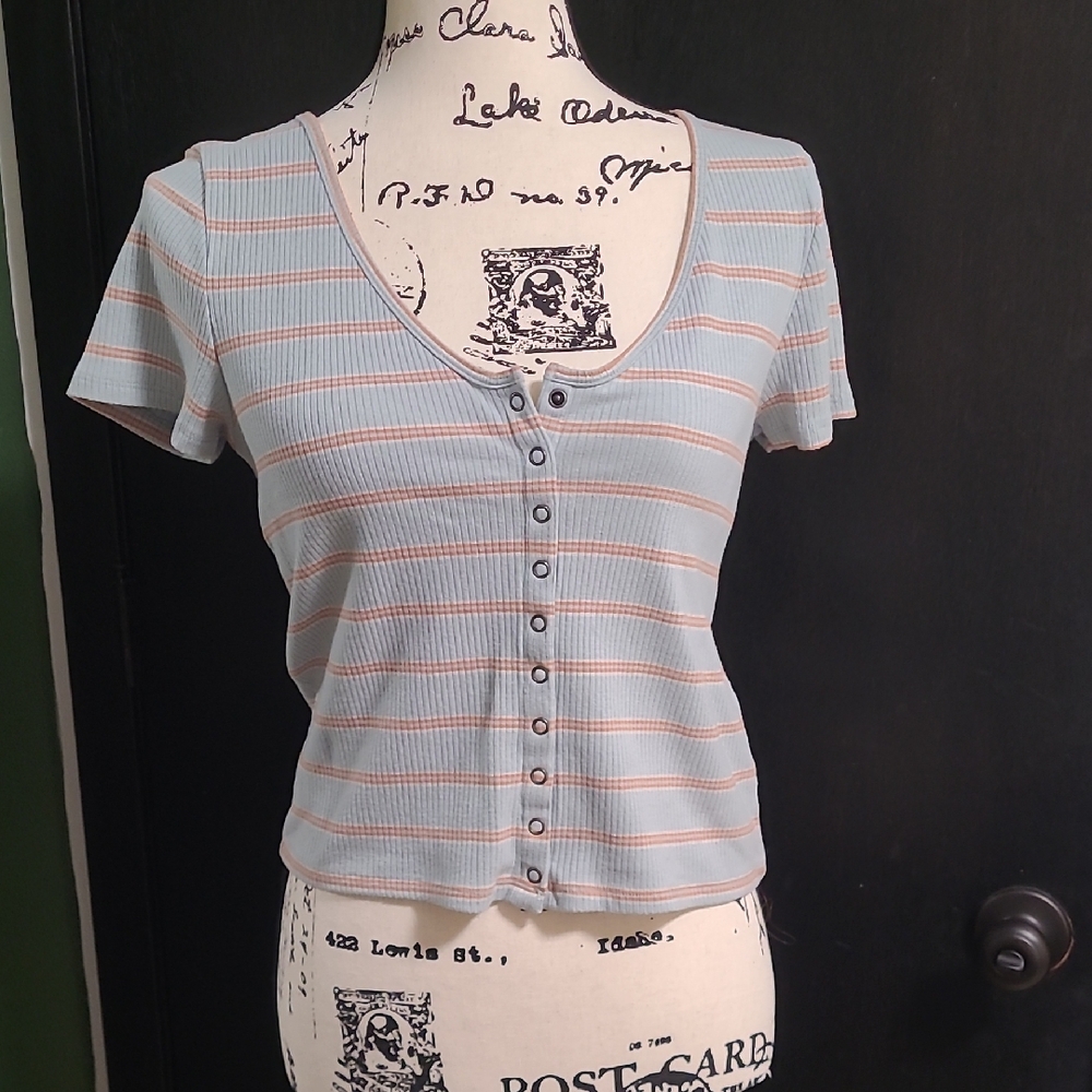 American Eagle Outfitters Light  Green Striped Snap Down Shirt